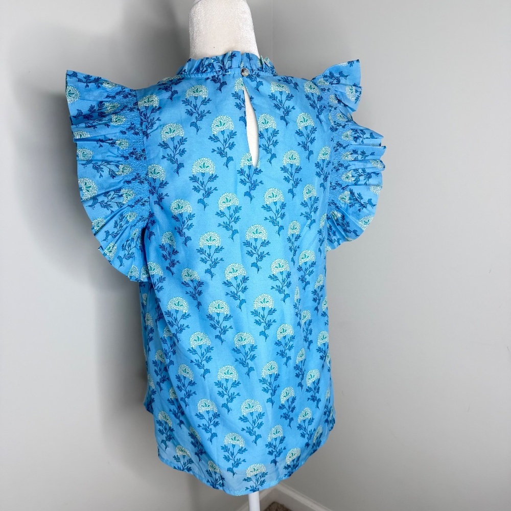 J. Marie Blue Floral Ruffle Sleeve Blouse Top M - Picture 3 of 5